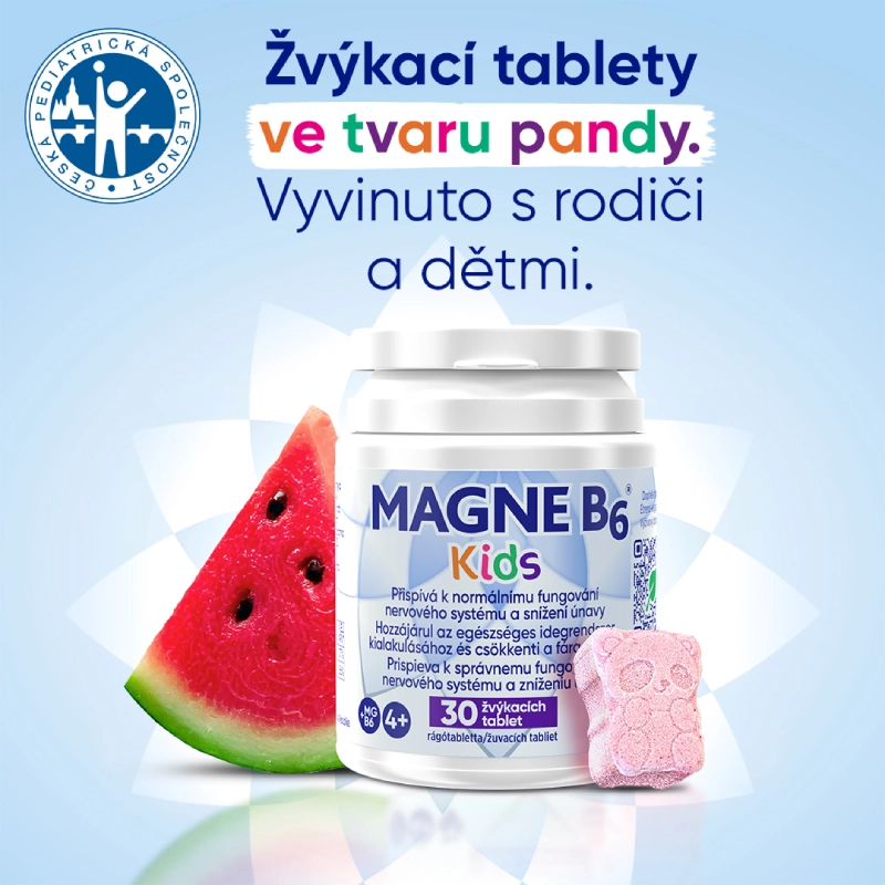 Magne B6 Kids 30 žvýkacích tablet. Ve spolupráci s Českou pediatrickou společností
