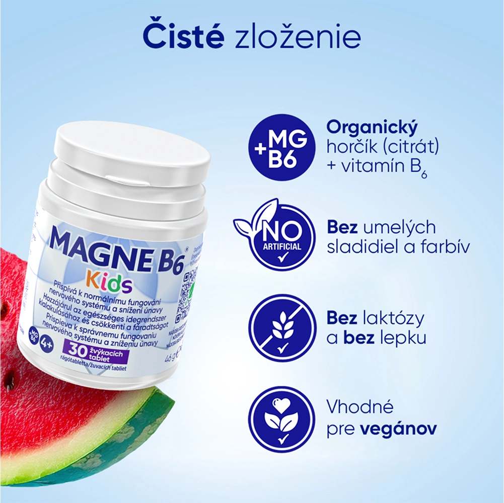 Magne B6 Kids žuvacie tablety majú čisté zloženie. Neobsahujú umelé sladidlá ani farbivá, sú bezlepkové a Magne B6 Kids je vhodný pre vegánov.