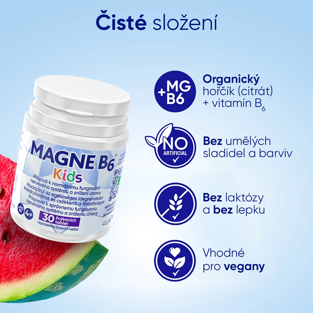 Magne B6 Kids žvýkací tablety mají čisté složení. Neobsahují umělá sladidla ani barviva, neobsahují lepek a Magne B6 Kids je vhodný pro vegany.