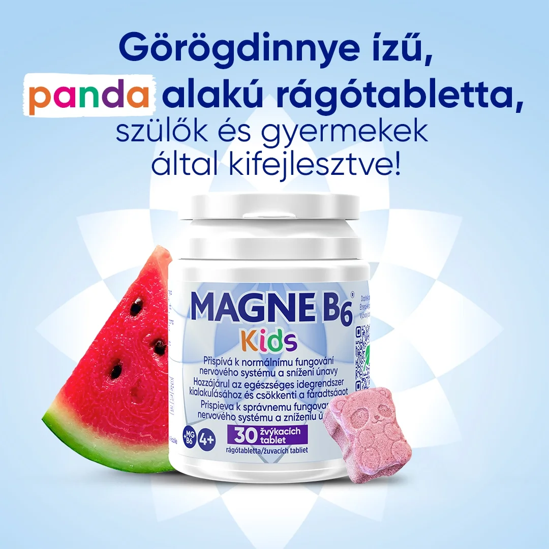 Magne B6 Kids Ízletes rágótabletta természetes görögdinnye ízzel és panda alakú kialakítással.